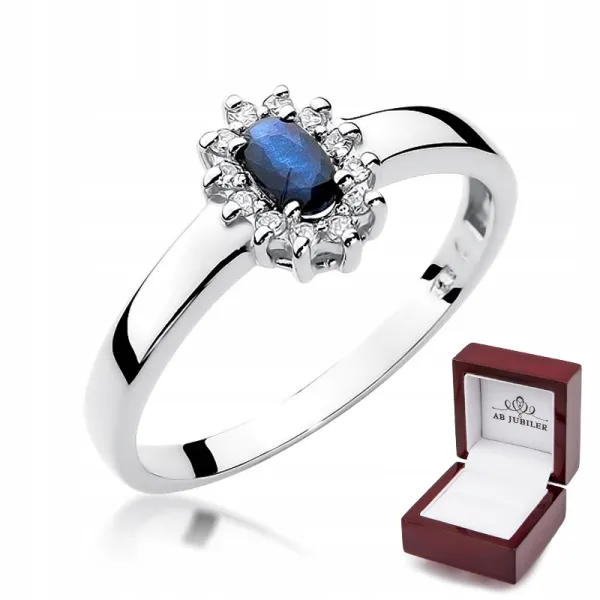 Pierścionek 585 Białe Złoto z Szafirem Diamentami
