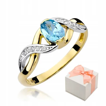 Złoty 585 Pierścionek Zaręczynowy Topaz Diamenty