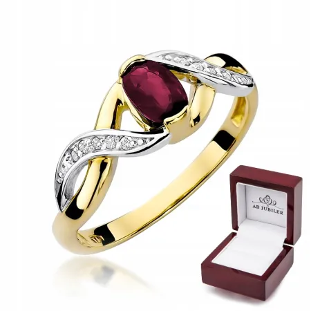 Złoty 14K Pierścionek Rubin 0,60ct Brylanty Grawer