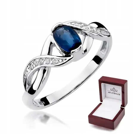 Pierścionek 14K z Białego Złota Szafir Diamenty