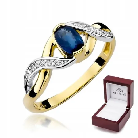 Złoty 585 Pierścionek Zaręczynowy Szafir Diamenty