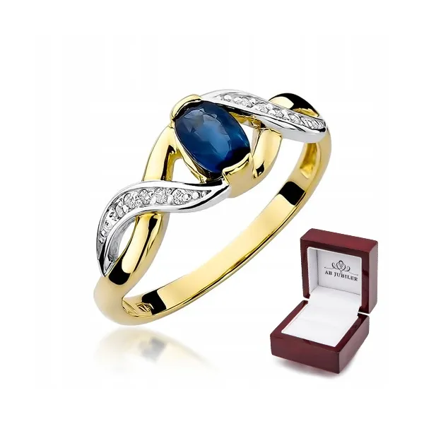 Złoty 585 Pierścionek Zaręczynowy Szafir Diamenty