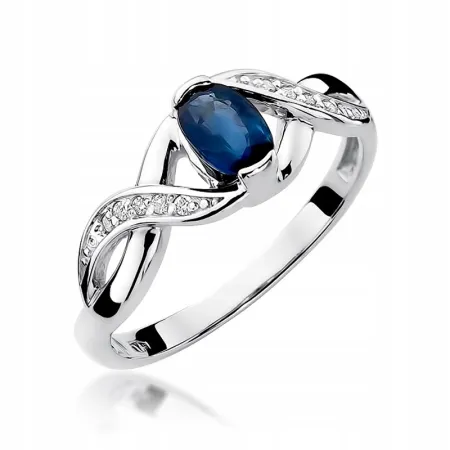 Złoty 585 Pierścionek Zaręczynowy Szafir Diamenty