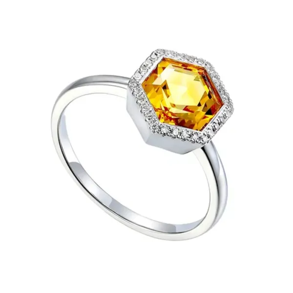 Pierścionek Cytryn Diamenty 585 Grawer Białe Złoto