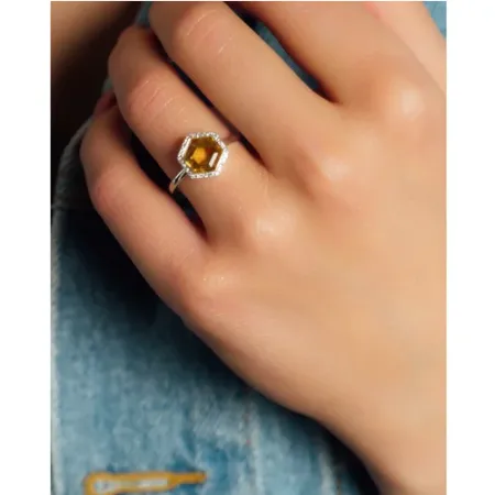 Pierścionek Cytryn Diamenty 585 Grawer Białe Złoto