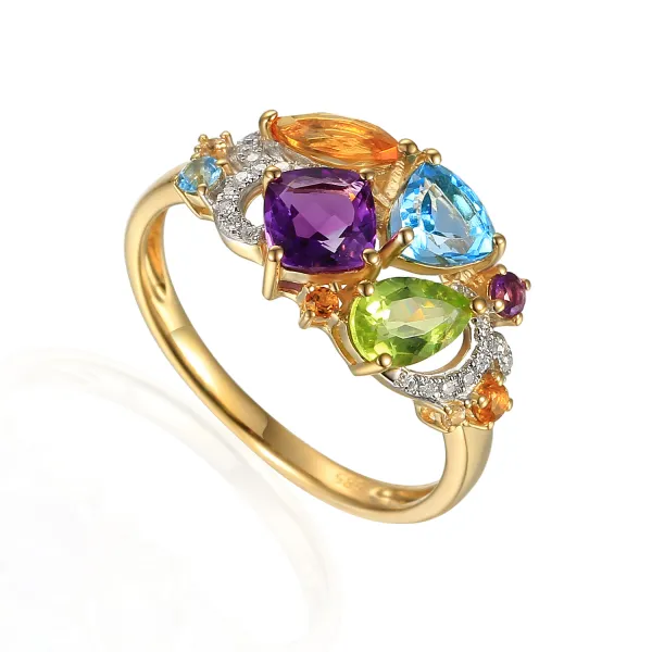 Złoty 585 Pierścionek Ametyst Cytryn Topaz Diament