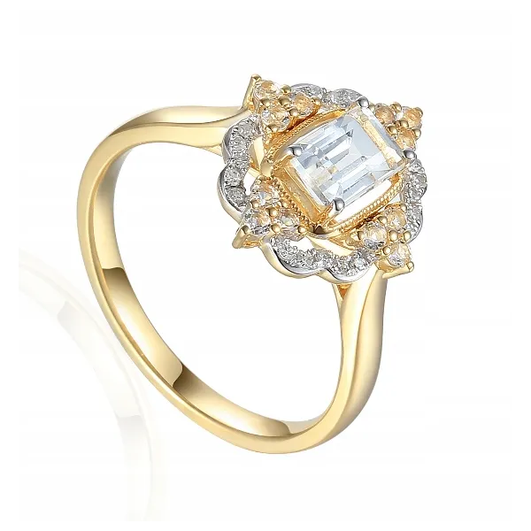 ZŁOTY 585 PIERŚCIONEK BIAŁY TOPAZ I DIAMENTY