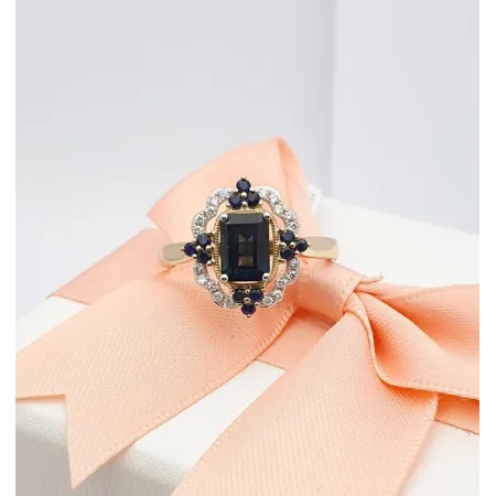 ZŁOTY 585 PIERŚCIONEK SZAFIR DIAMENTY GRAWER