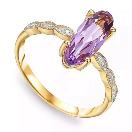 Złoty 585 Pierścionek z Ametystem i Diamentami
