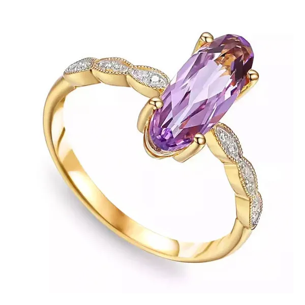 Złoty 585 Pierścionek z Ametystem i Diamentami