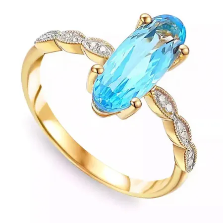 Złoty 585 Modny Pierścionek Topaz Brylanty Grawer