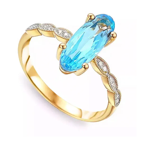 Złoty 585 Modny Pierścionek Topaz Brylanty Grawer