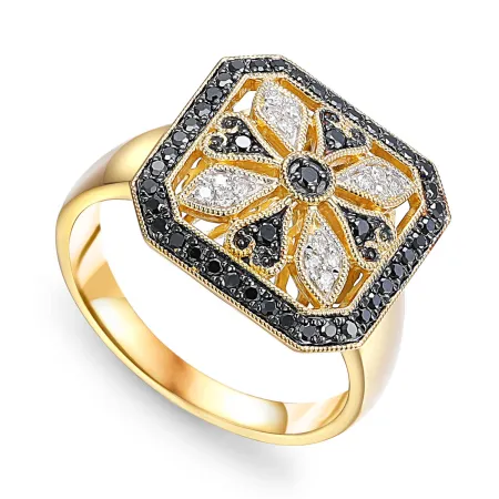 ZŁOTY 585 PIERŚCIONEK CZARNE BIAŁE DIAMENTY GRAWER