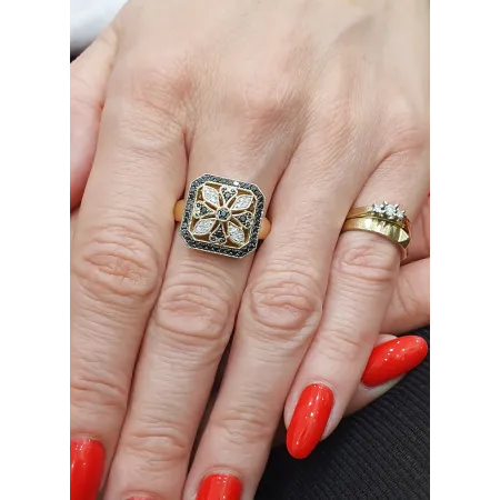 ZŁOTY 585 PIERŚCIONEK CZARNE BIAŁE DIAMENTY GRAWER