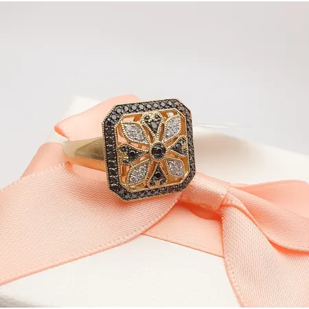 ZŁOTY 585 PIERŚCIONEK CZARNE BIAŁE DIAMENTY GRAWER