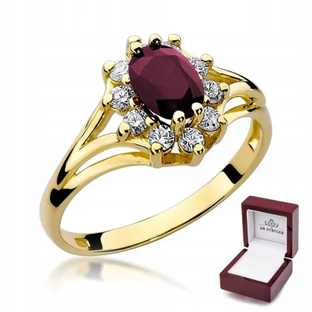 Złoty Elegancki Pierścionek Rubin Diamenty Grawer