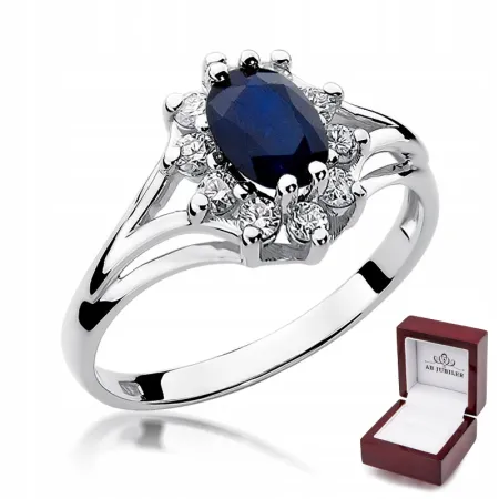 Pierścionek 14K Białe Złoto Szafir Diamenty Grawer
