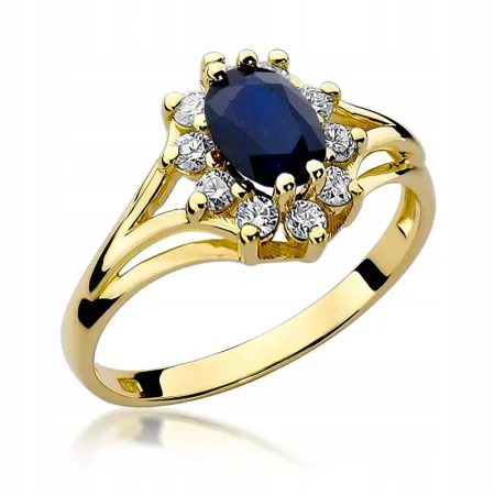 Pierścionek 14K Białe Złoto Szafir Diamenty Grawer