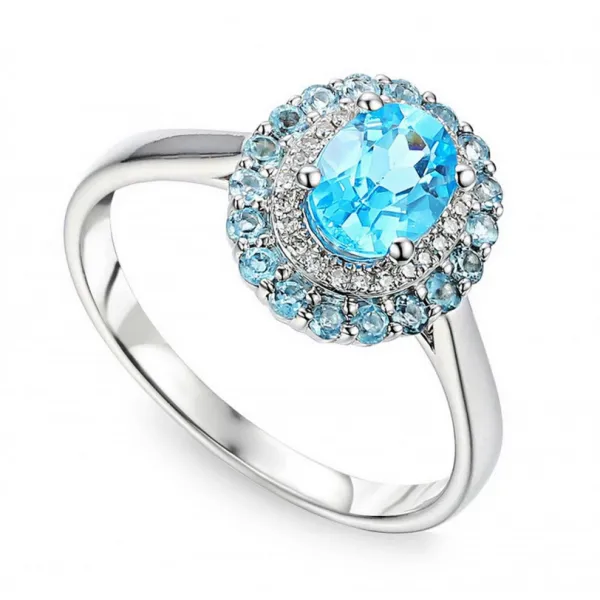 Pierścionek 585 Topaz i Diamenty Białe Złoto