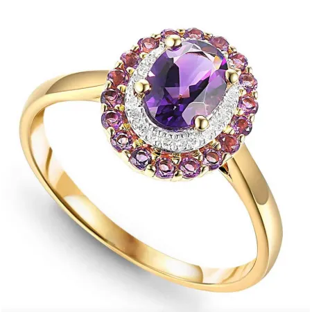 Złoty Pierścionek Ametyst i Diamenty 585 Grawer