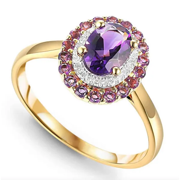 Złoty Pierścionek Ametyst i Diamenty 585 Grawer