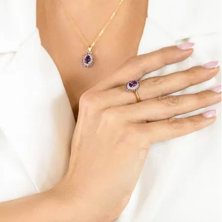 Złoty Pierścionek Ametyst i Diamenty 585 Grawer