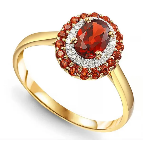 Złoty Pierścionek Granat i Diamenty 585 Grawer