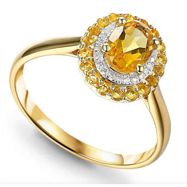 Złoty Pierścionek Cytryn i Diamenty 585 Grawer 