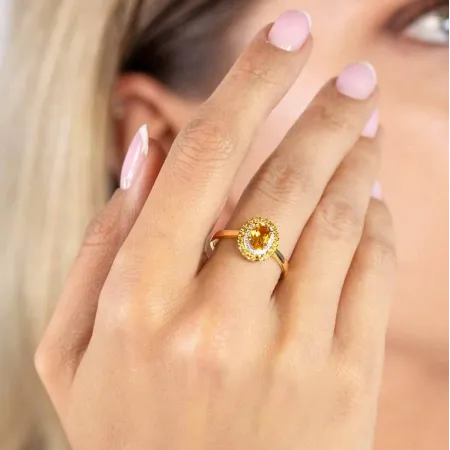 Złoty Pierścionek Cytryn i Diamenty 585 Grawer 