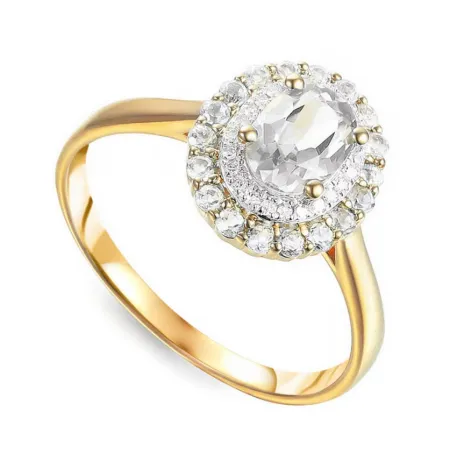 Złoty 585 Pierścionek Biały Topaz Diamenty Grawer