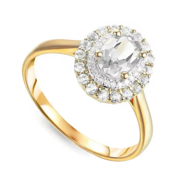 Złoty 585 Pierścionek Biały Topaz Diamenty Grawer