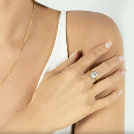 Złoty 585 Pierścionek Biały Topaz Diamenty Grawer