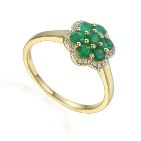 Złoty 585 Pierścionek Szmaragdy Diamenty Grawer