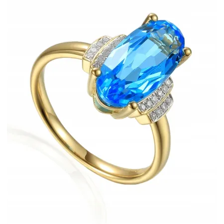 ZŁOTY 585 PIERŚCIONEK DUŻY TOPAZ I DIAMENTY