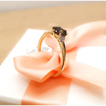 ZŁOTY 585 PIERŚCIONEK KWARC DIAMENTY GRAWER