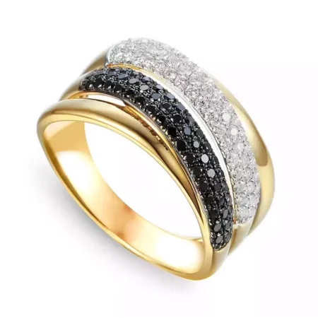 Złoty 585 Pierścionek Czarne Białe Diamenty Grawer