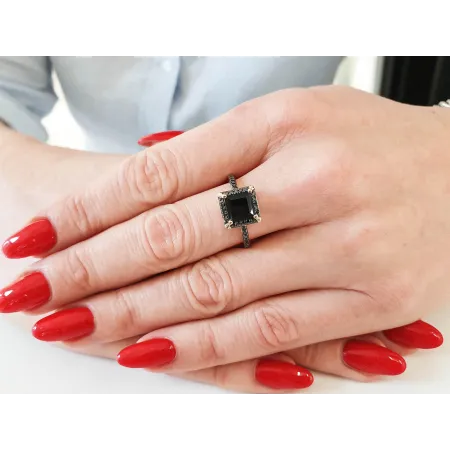 Złoty 585 Pierścionek Agat Czarne Diamenty Grawer