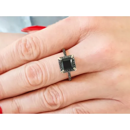 Złoty 585 Pierścionek Agat Czarne Diamenty Grawer