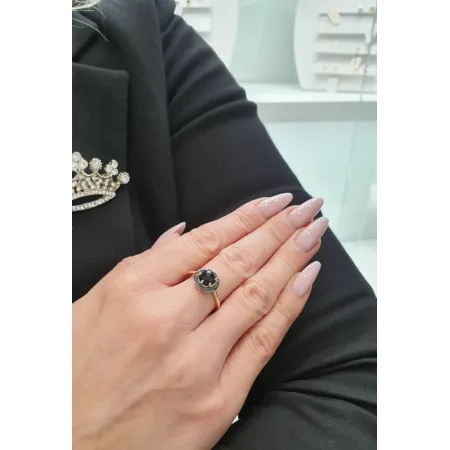 Złoty 585 Pierścionek Agat Czarne Diamenty Grawer