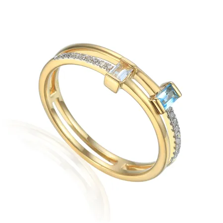 Złoty Pierścionek Biały Niebieski Topaz Brylanty