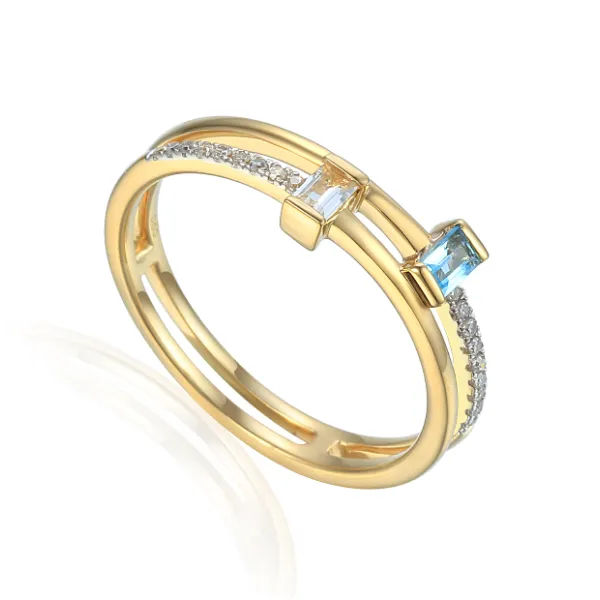 Złoty Pierścionek Biały Niebieski Topaz Brylanty