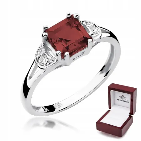 Pierścionek 585 Zaręczynowy Granat Białe Złoto