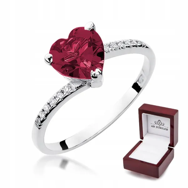 Pierścionek Białe Złoto Rubin Diamenty na Prezent