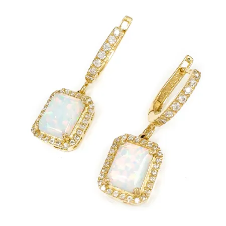 ZŁOTE KOLCZYKI OPAL I CYRKONIE ZAPIĘCIE ANGIELSKIE