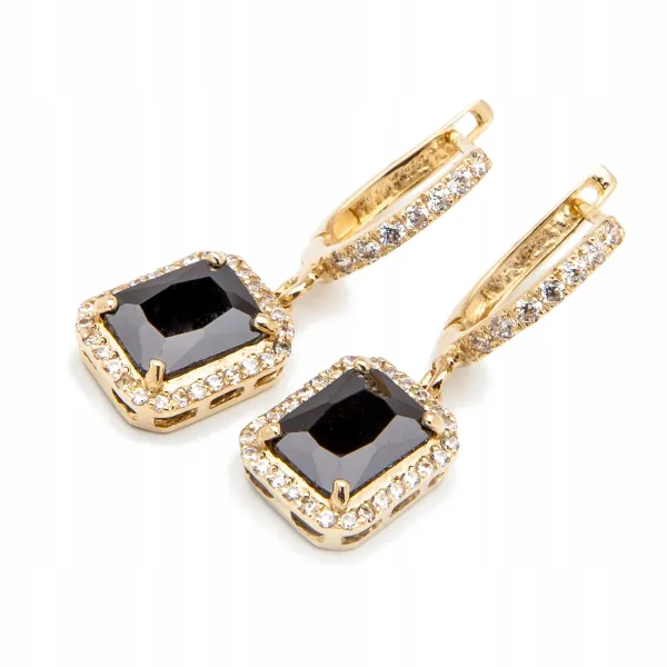 ZŁOTE KOLCZYKI 585 WISZĄCE Z CZARNĄ CYRKONIĄ