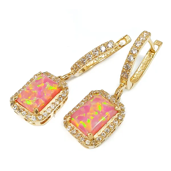 ZŁOTE KOLCZYKI 585 WISZĄCE Z RÓŻOWYM OPALEM 