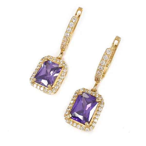 ZŁOTE KOLCZYKI 585 WISZĄCE AMETYST I CYRKONIE