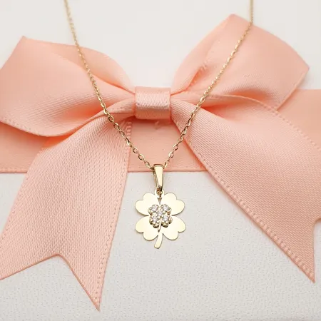 Złota 585 Zawieszka Koniczynka Cyrkonie na Prezent