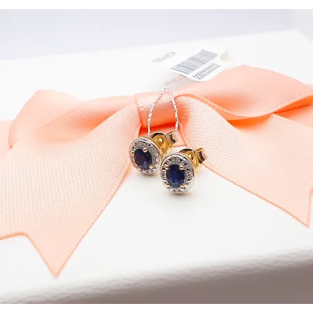 ZŁOTE KOLCZYKI Z SZAFIREM I DIAMENTAMI 585 SZTYFT