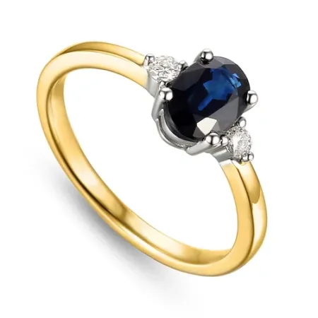 Pierścionek 585 Szafir Diamenty Żółto Białe Złoto